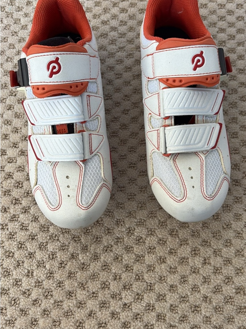 Peloton White and Orange Kids Cycling Shoes with Velcro Straps